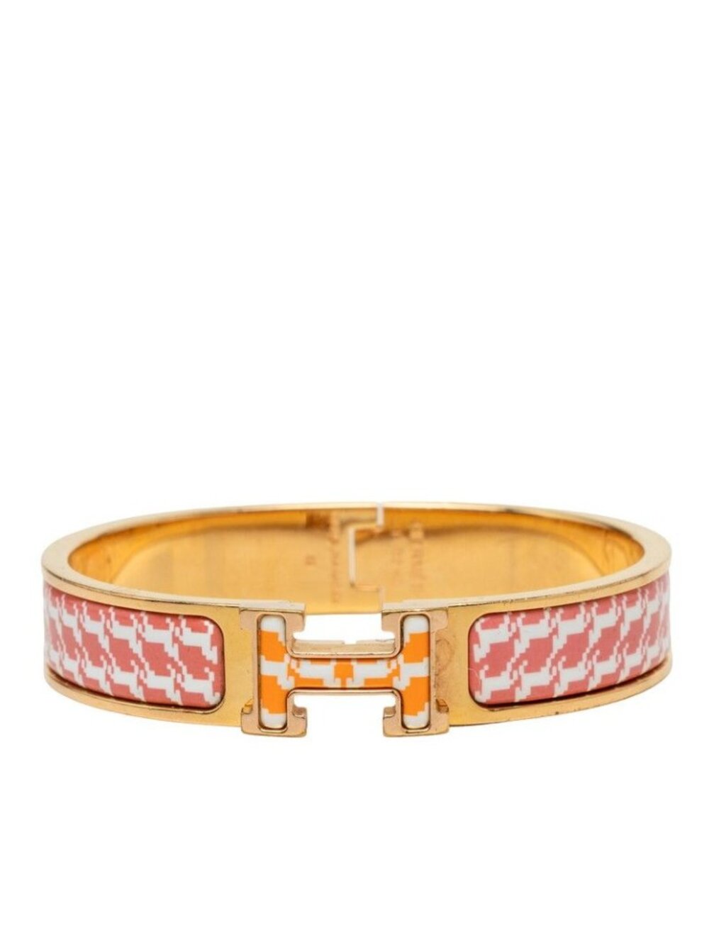 Hermes Clic H PM Cheval Pi Creasing le Bracelet Bangle Pink Orange Gold Plated